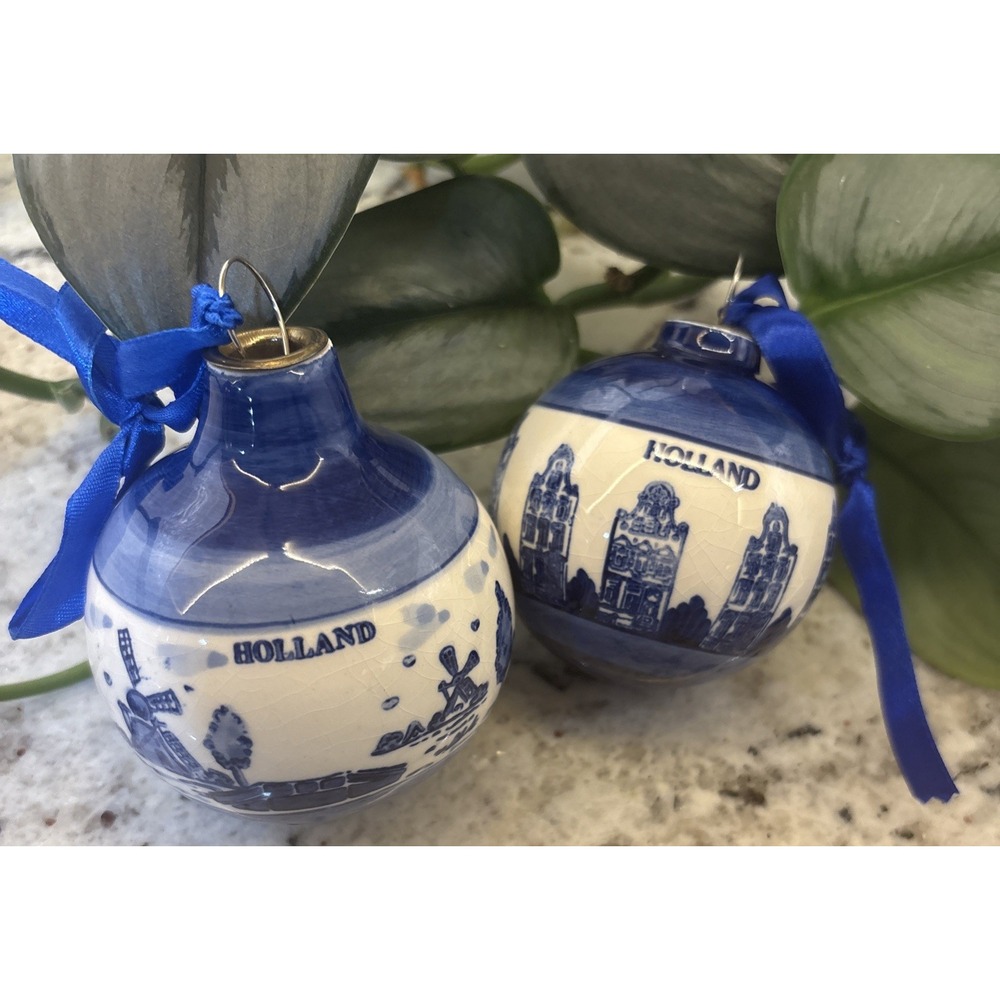 2 Holland Blue Delft Handpainted Christmas Tree‎ Ornaments Netherlands Windmill